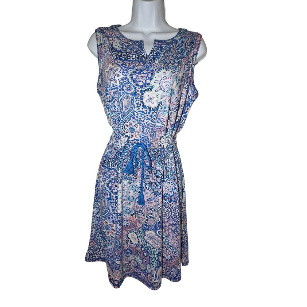 T By Talbots Sleeveless Blue Pink Floral Boho Blouson Jersey Knit Dress‎ MP